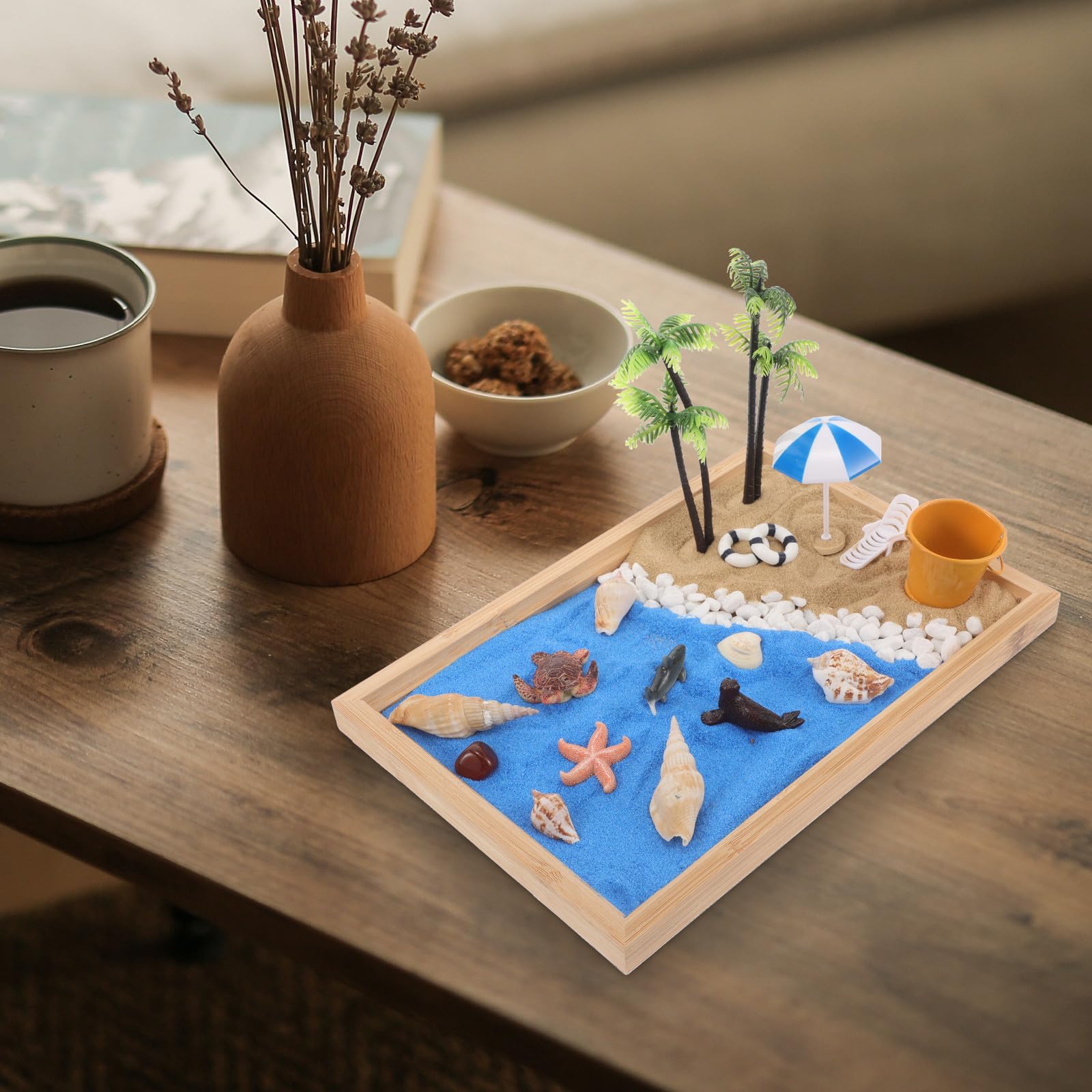 Mini Jardín Zen de Arena Japonés para Escritorio 28x19x2.5 Cm, Caja de Arena Decorativa Tema de Playa Oceánica, Micropaisaje Creativo para Decoración del Hogar y Oficina