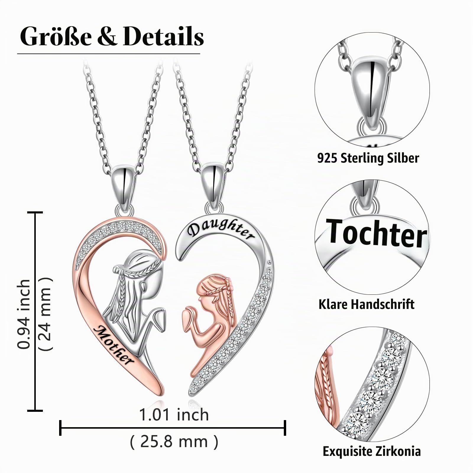 Flyow Mutter Tochter Matching Halskette Set 925 Sterling Silber 2 Herz Anhänger Schmuck Geschenke für Mutter Tochter