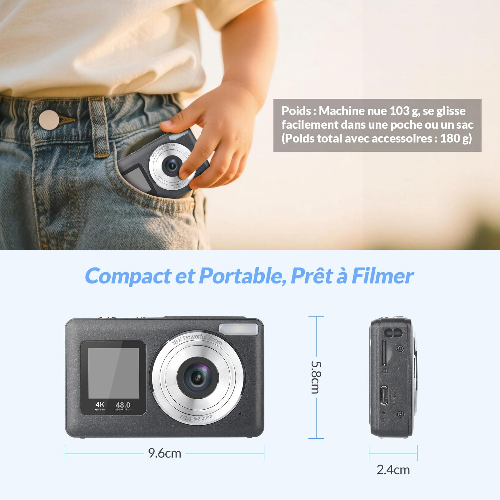 Appareil Photo Numérique Double Écran Vlogging USB-C