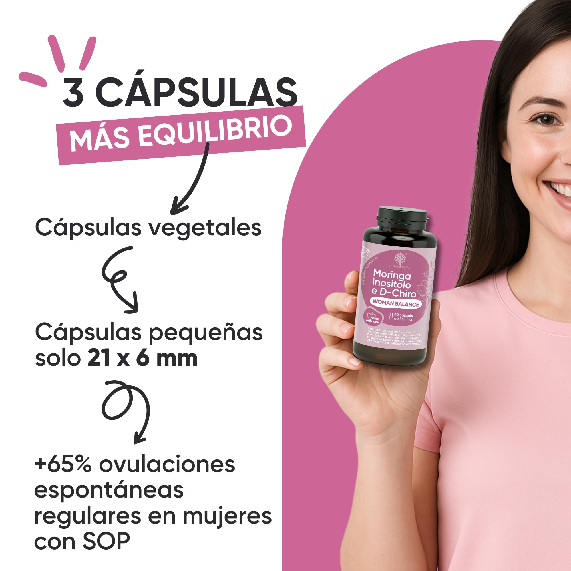 Myo-Inositol + D-Chiro Inositol | Vitaminas B12, B6, D, Ácido Fólico y Moringa Bio | Complemento Woman Balance PCOS (Síndrome de Ovario Poliquístico) | Regularidad Menstrual | 270 Cápsulas RedMoringa