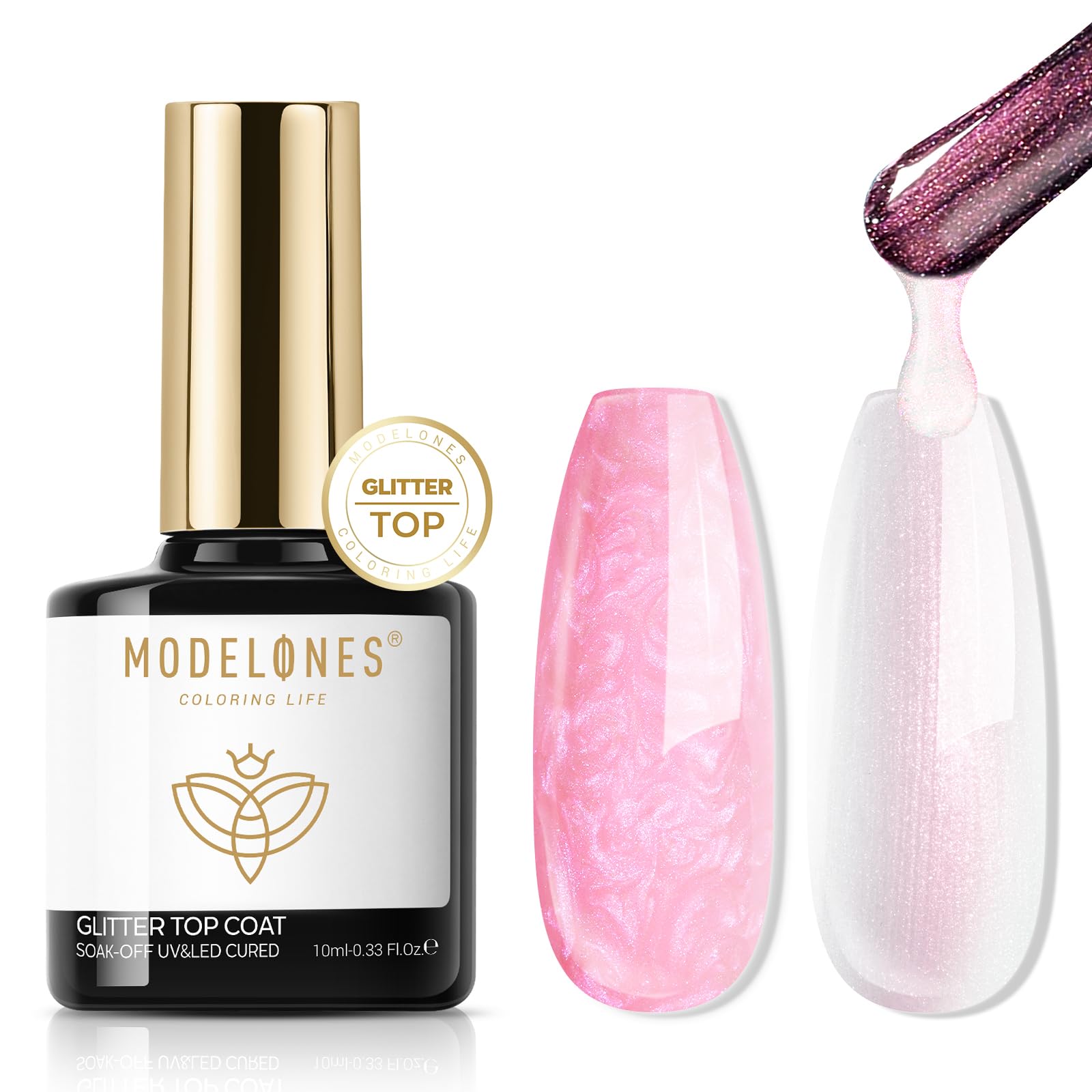 Modelones Glitzer Top Coat UV Nagellack 10ML No Wipe Pearl Effect Überlack für Nägel Polygel Builder Quick Shine Nail Art Maniküre Nageldesign