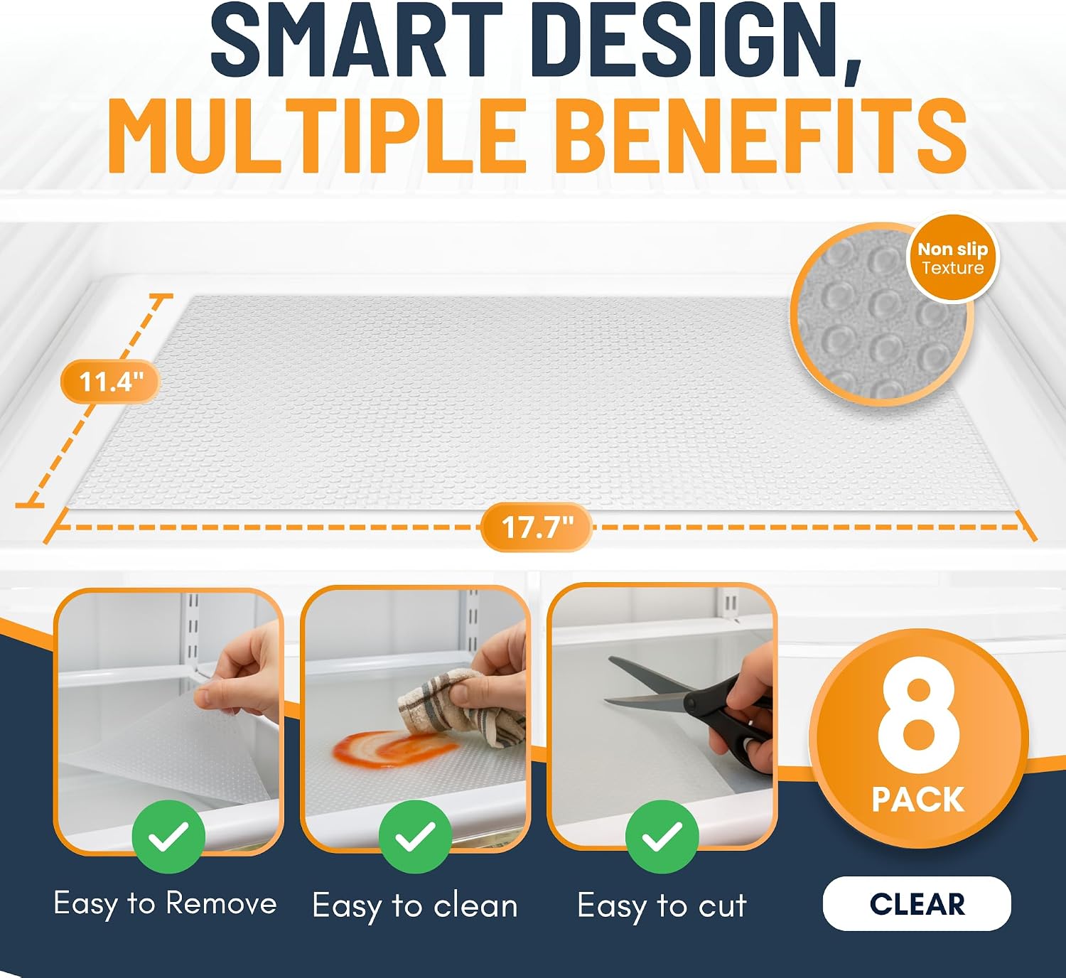 Refrigerator Liners for Shelves (8 Pack) by Linda’s Essentials - Non-Adhesive Drawer and Shelf Liner, BPA-Free Fridge Mats for Kitchen & Cabinets, Easy to Clean, Ideal Household Essentials (Clear)