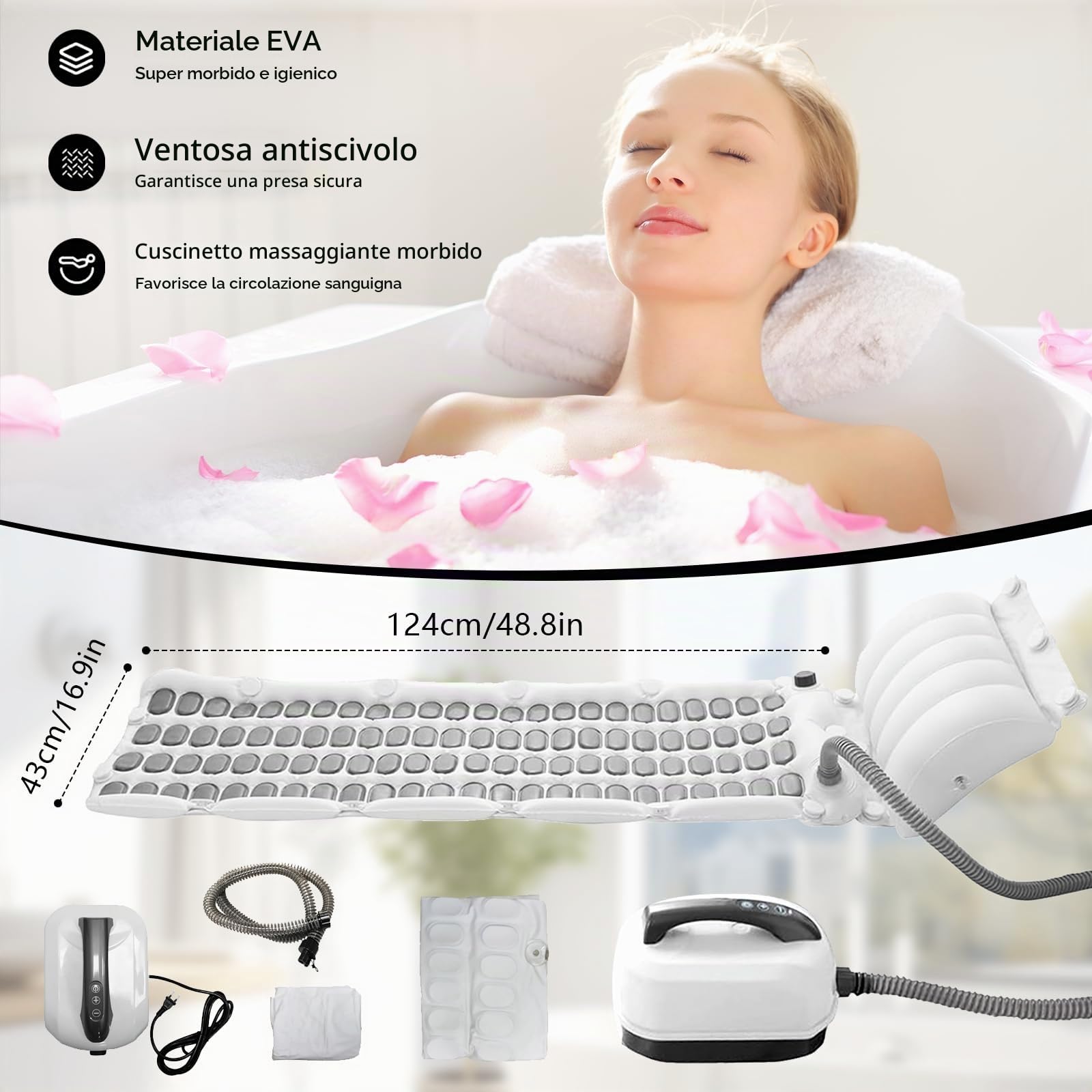 Tappetino per Vasca Idromassaggio, Spa Gonfiabile Idromassaggio 6 Livelli di Intensità Tappetino per Vasca con 114 Getti e Cuscino Accessorio per Bagno Idromassaggio