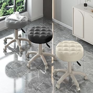 Round Rolling Stool with Wheels - Height Adjustable 360° Swivel Stool, Small Leather Armless Backless Drafting Work SPA Beauty Salon Massage Stools for Home Office Chair