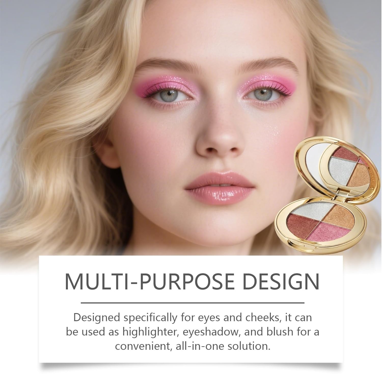 4-Color Highlighter & Blush Palette, Shimmer Eyeshadow Makeup Kit, 2-in-1 Face Illuminator Powder with Mirror, Long-Lasting Diamond Glow Texture, Portable Travel Size for Natural Radiance (Gold)