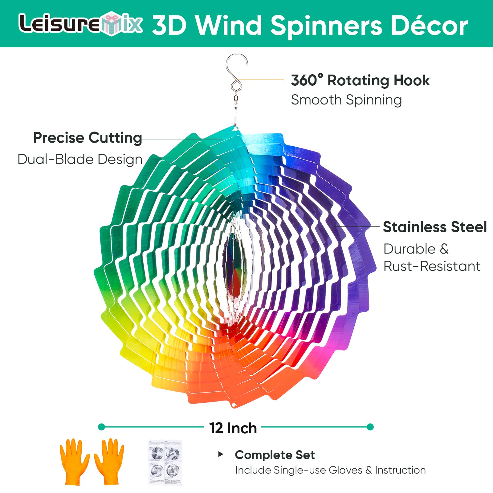 Leisuremix Wind Spinners for Garden 30cm (12 inch) 3D Wind Spinner, Garden Decorations Hanging Ornaments Outdoor Rainbow - Image 2