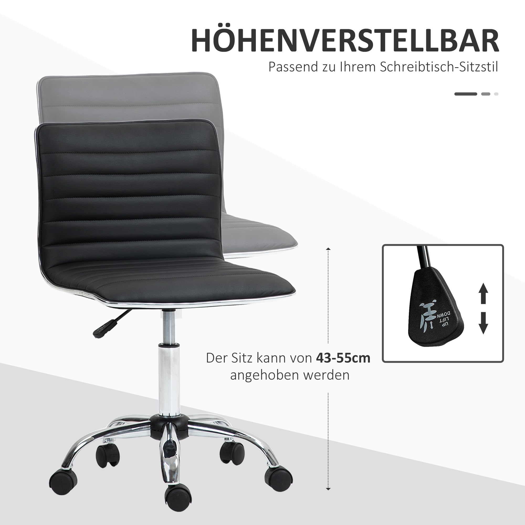 HOMCOM Homeoffice Stuhl Schreibtischstuhl aus Kunstleder Höhenverstellbar Drehstuhl bis 120 kg belastbar, Schminkstuhl für Arbeitszimmer, Schlafzimmer Schwarz