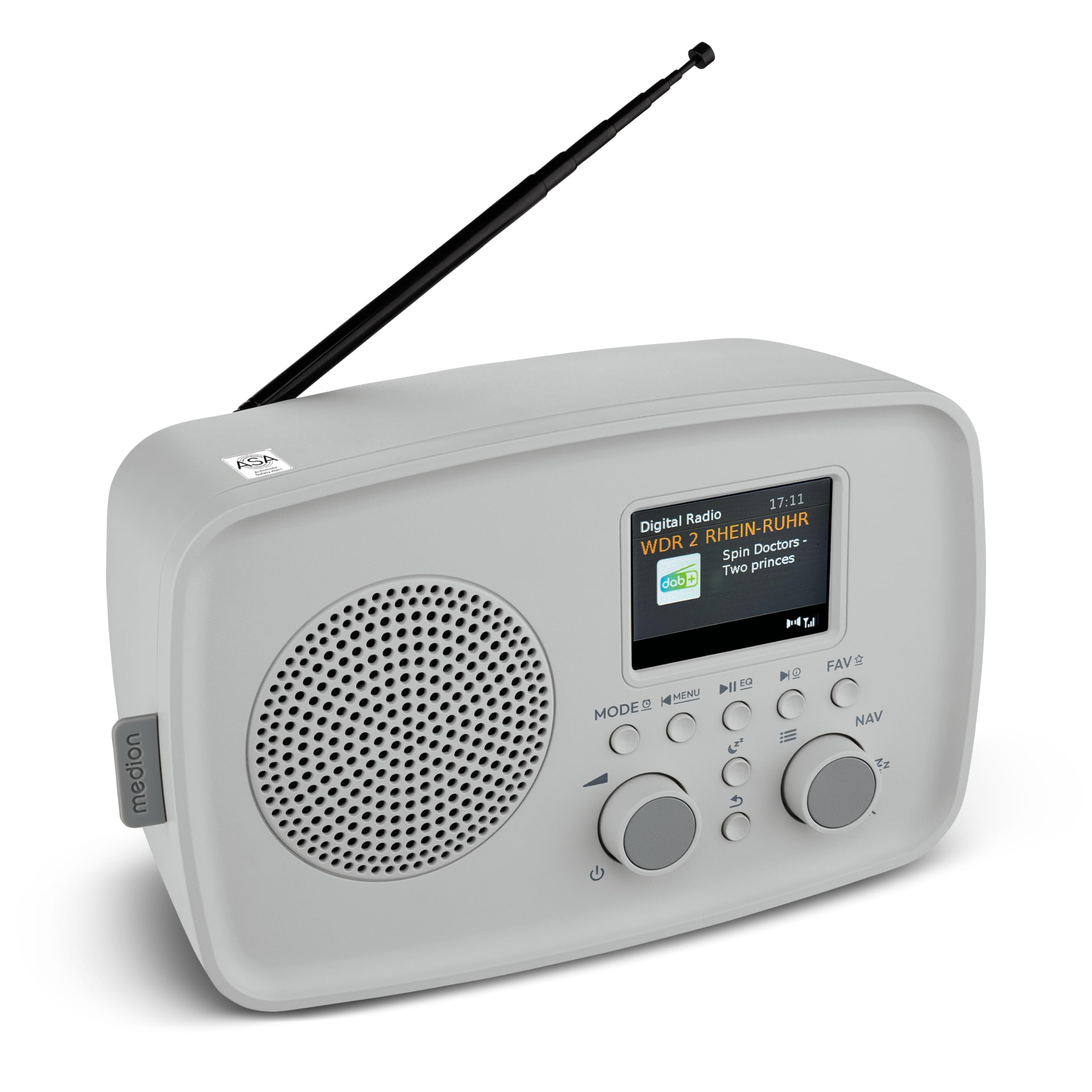 MEDION Radio Dab+ con Bluetooth Dre-1 (Dab Plus, Radio FM, protección contra Goteo, Antena telescópica, Despertador, función Snooze, regulador de Pantalla, Sistema de Alerta ASA), Gris