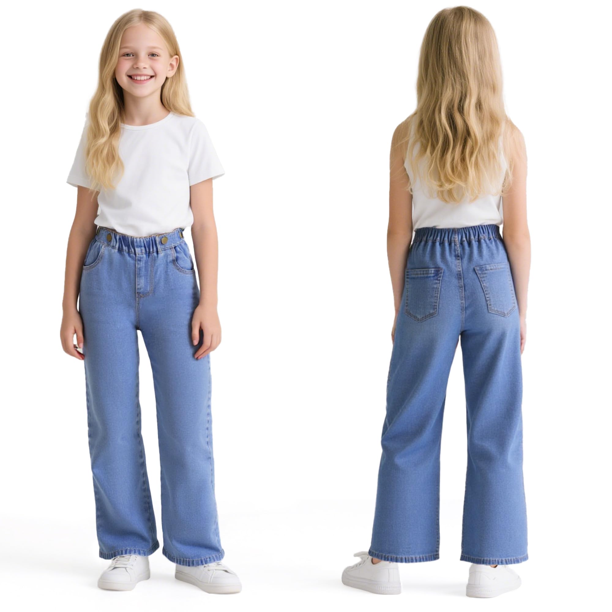 Jeans para Niñas, Holgados de Pierna Ancha Vaqueros Casual Pantalones con Cintura Elástica, Largos Stretch Azul Denim Jeans con Bolsillos Moda Infantil Pants para 6-14 años