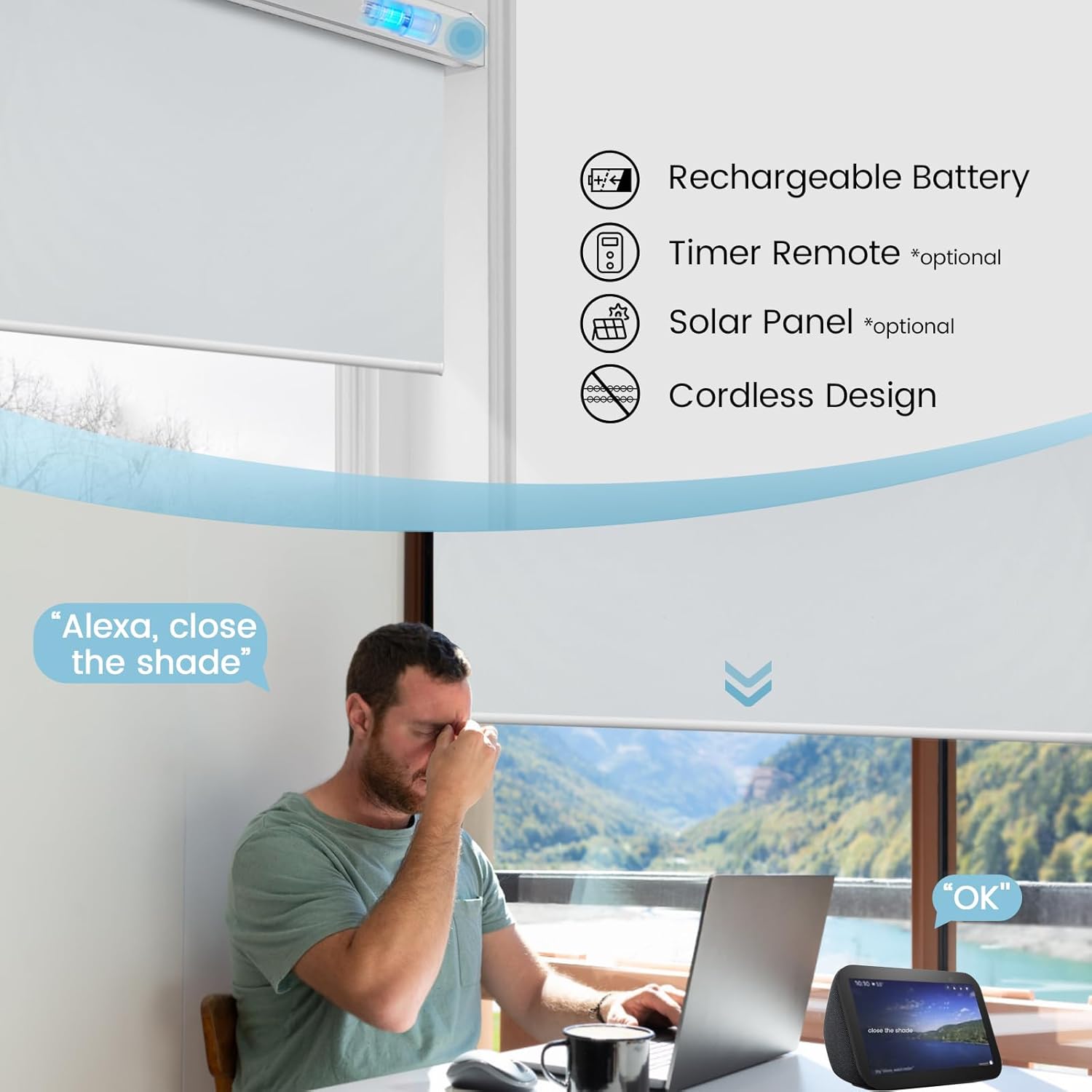 Motorized Shade with Remote, Blackout Smart Roller Blinds for Window, Electric Free Stop Shades Cordless Compatible with Alexa Custom Shade for Home (Vinyl Light Grey)
