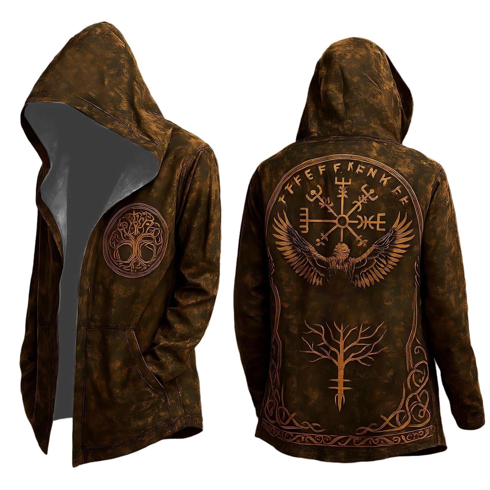 Generisch Viking Hoodie Men's Medium Length Spring Autumn Cardigan Cosplay Costume with Hood 3D Printed Cool Coat Biker Jacket Sweatshirt Sweat Jacket Viking Clothing Men, 01 Brown, L