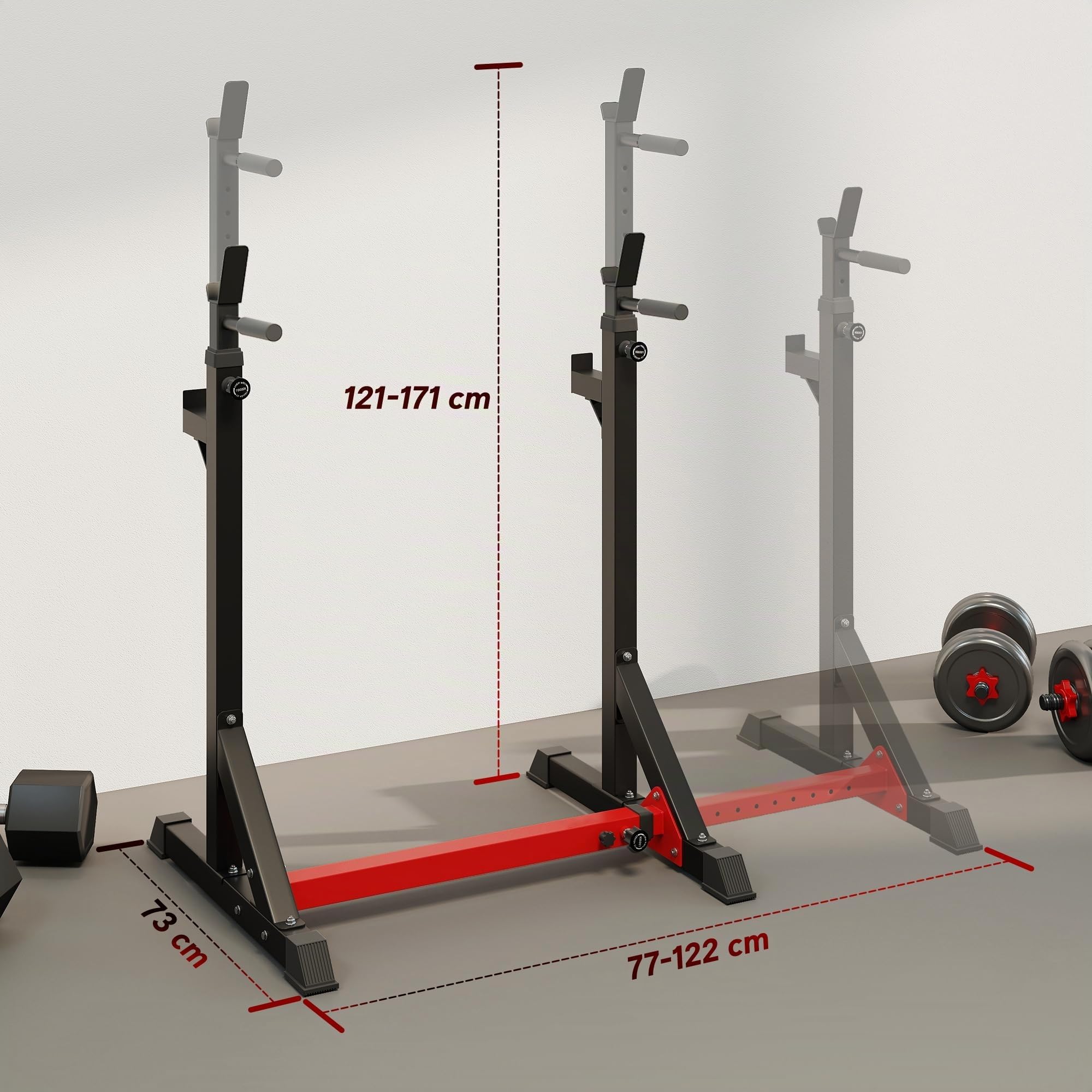 HOMCOM Soporte para Pesas Ajustable 150 kg Acero 121-171 cm Negro y Rojo | Estante Soporte Barra Pesas, para Ejercicios Sentadillas, Hogar y Oficina, Altura Regulable