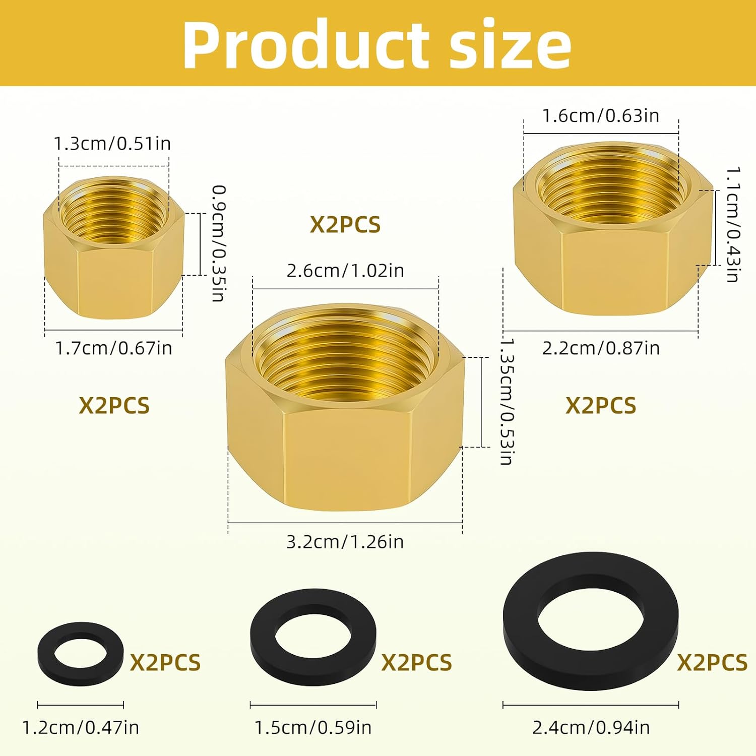 6 PCS Brass Pipe Caps with Rubber Gaskets - Hex Compression End Caps for Gas & Water Lines, Brass Nut Gas line Water line Stop Valve Cap Pipes Plug Plumbing Fit for 1/4 3/4 3/8 Inch Pipe Connection