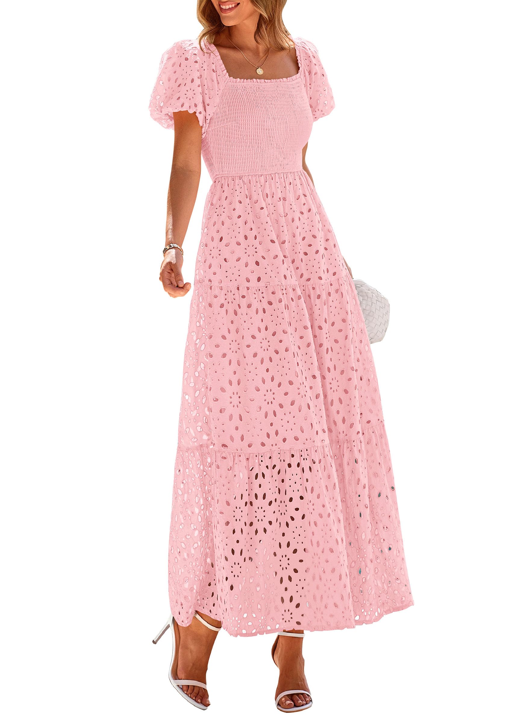 PRETTYGARDEN Summer Dresses for Women 2026 Eyelet Square Neck Puff Sleeve Smocked Wedding Guest Maxi Dress with Pockets