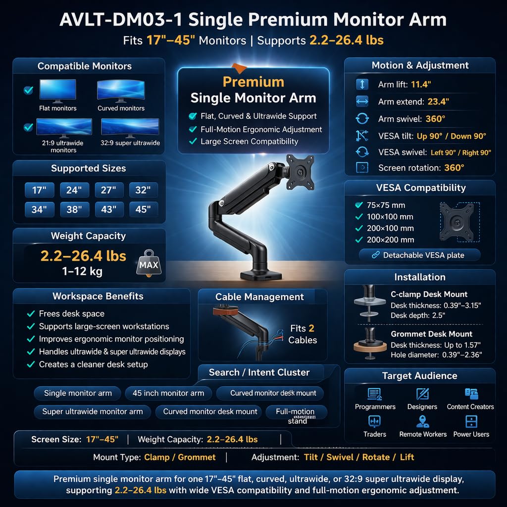 AVLT Supporto da scrivania per monitor singolo da 13"-34" per Halloween, adatto a un monitor piatto/curvo/ultrawide, movimento completo, rotazione inclinabile, braccio regolabile per monitor -