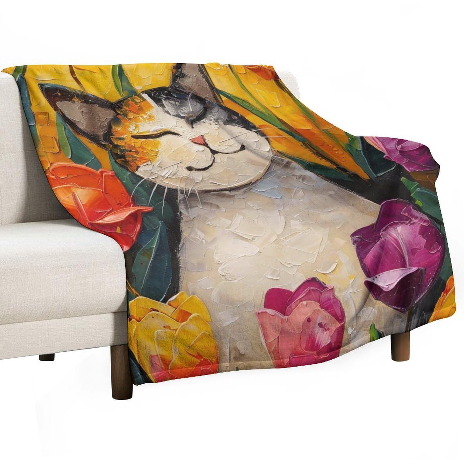 Yhgsreuoh White-Style Happy Cat In Tulip Garden 03 Flannel Blankets Fleece Soft Throw Lightweight Plush Gifts For Couch, Bed, Cozy Sofa Plush, Chair, Lovers 130X150cm(50X60in)