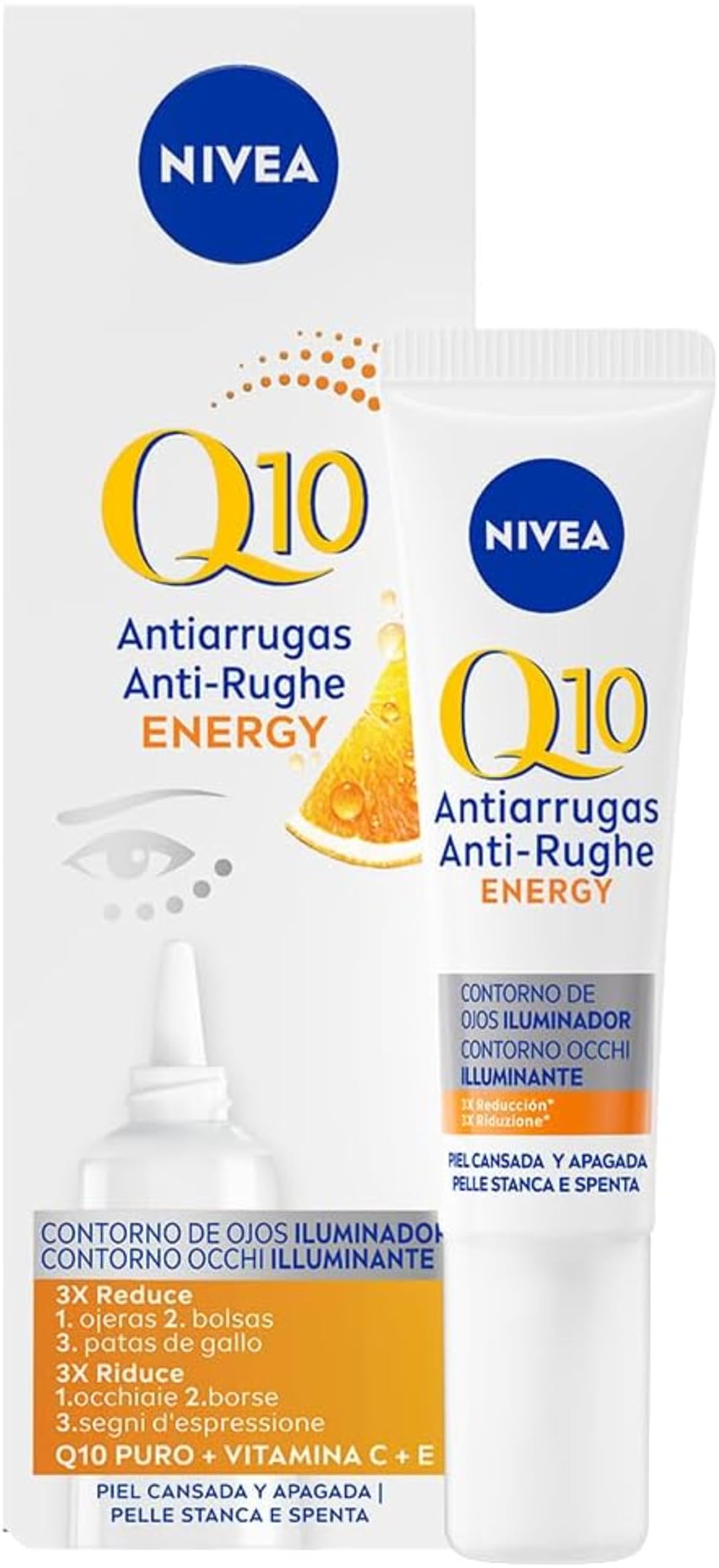 NIVEA Q10 Anti-Rughe Energy Contorno Occhi Illuminante 15 ml, Crema contorno occhi antirughe, energizzante e idratante, Crema contorno occhi occhiaie con Coenzima Q10, Vitamina C e Vitamina E