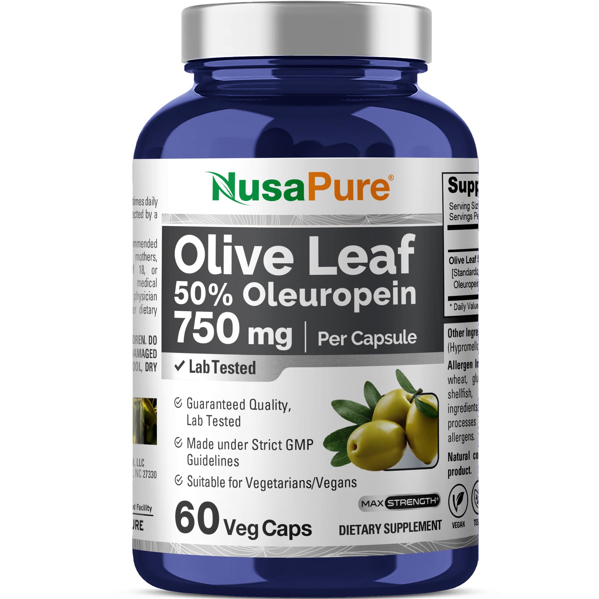 NusaPure Olive Leaf Extract 750 mg - 50% Oleuropein - Vegan and Vegetarian Non-GMO - Super Strength - No Oil - 60 Capsules