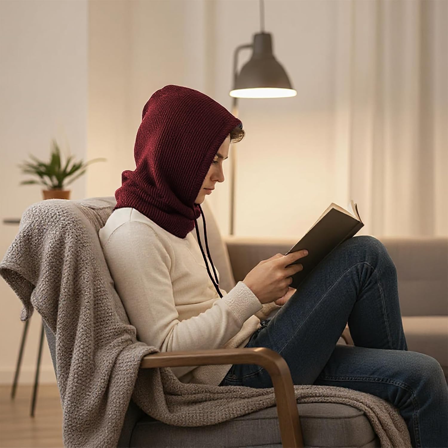 Hooded Scarf Balaclava for Women Men, Winter Knit Neck Warmer Hood Hat with Drawstring, Windproof Skull Cap Snood - Image 3