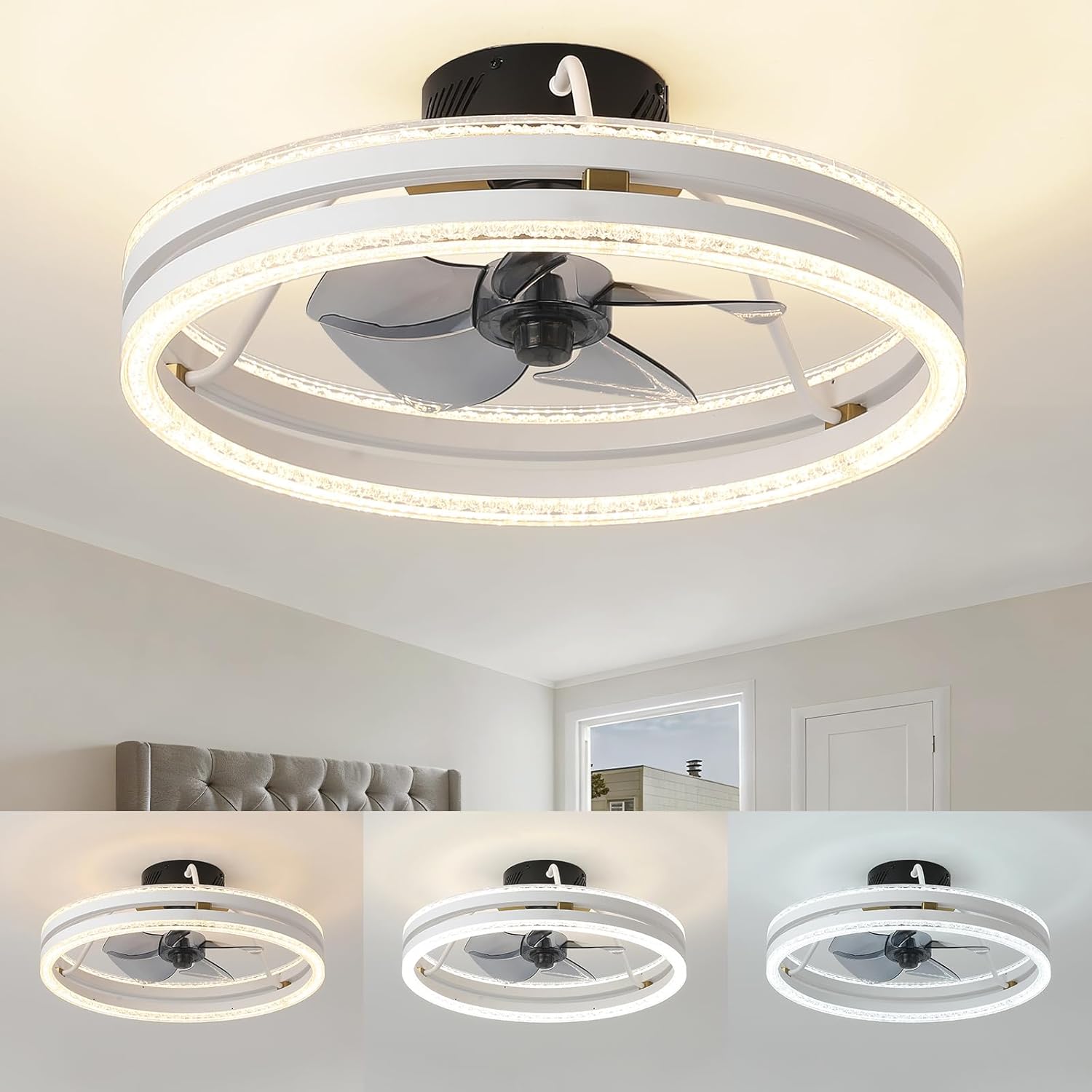 JUSHENG 20 Inch White Low Profile Ceiling Fan with Light and Remote, 48W Dimmable Flush Mount Ceiling Fan with Up and Down Lighting, Modern Fandelier with Bubble Acrylic Ring for Bedroom