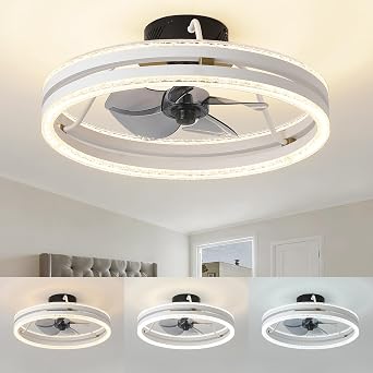 JUSHENG 20 Inch White Low Profile Ceiling Fan with Light and Remote, 48W Dimmable Flush Mount Ceiling Fan with Up and Down Lighting, Modern Fandelier with Bubble Acrylic Ring for Bedroom