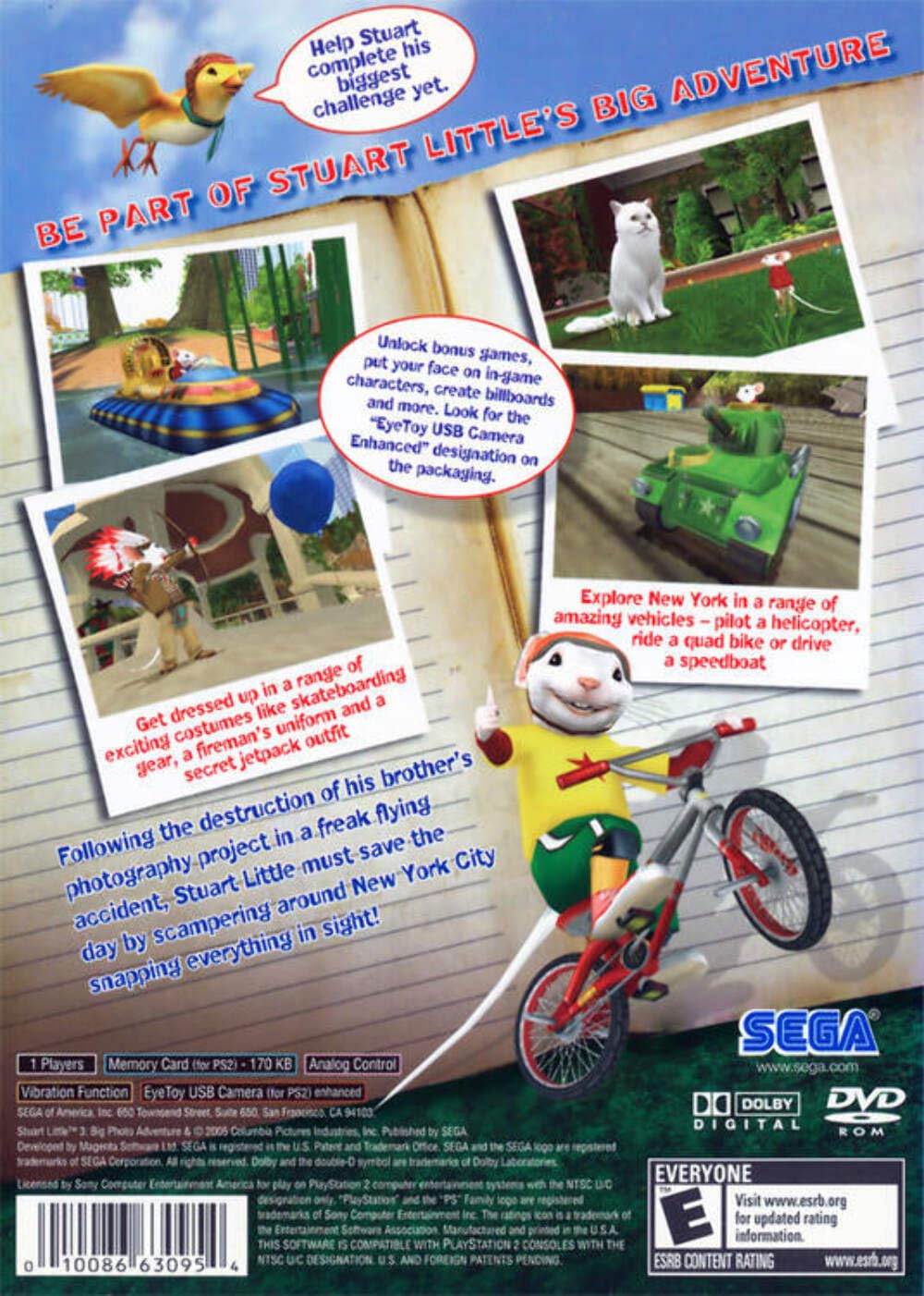 Back cover of Stuart Little 3 Big Photo Adventure game, showing various gameplay screenshots including Stuart on a bicycle, in a tank, and with friends.