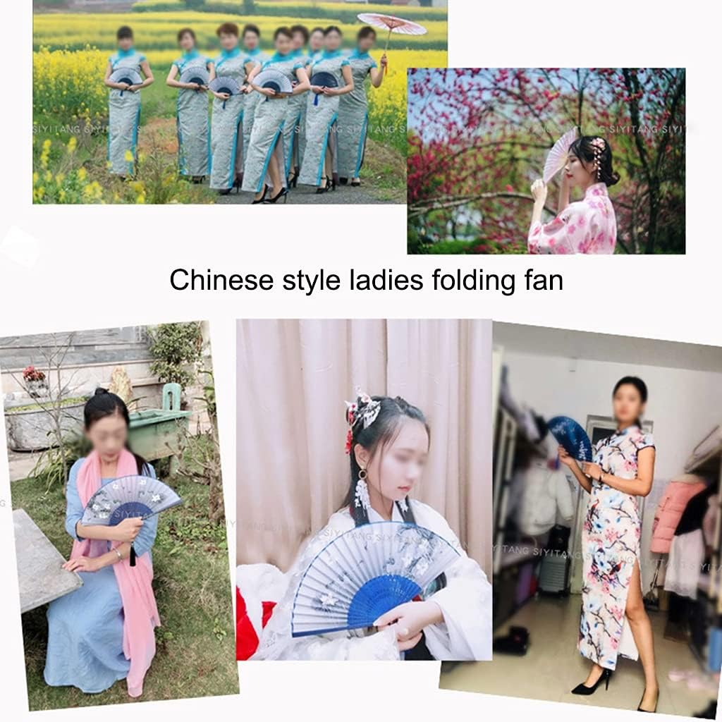 Folding Fans for Parties Elegant Blue Printed Ladies Hand Fan Church Wedding Fan is Decorated with Tassels (Color : Blue-D Size : 38cm4) (Blue i)