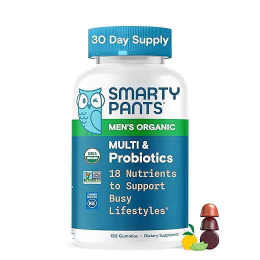 SmartyPants Organic Mens Multivitamins, Daily Gummy Vitamins: Probiotics, Vitamins C, D3, B12, Zinc & Omega 3 for Immune Support, Digestive Health, Energy, & Bone Health, 120 Gummies, 30 Day Supply
