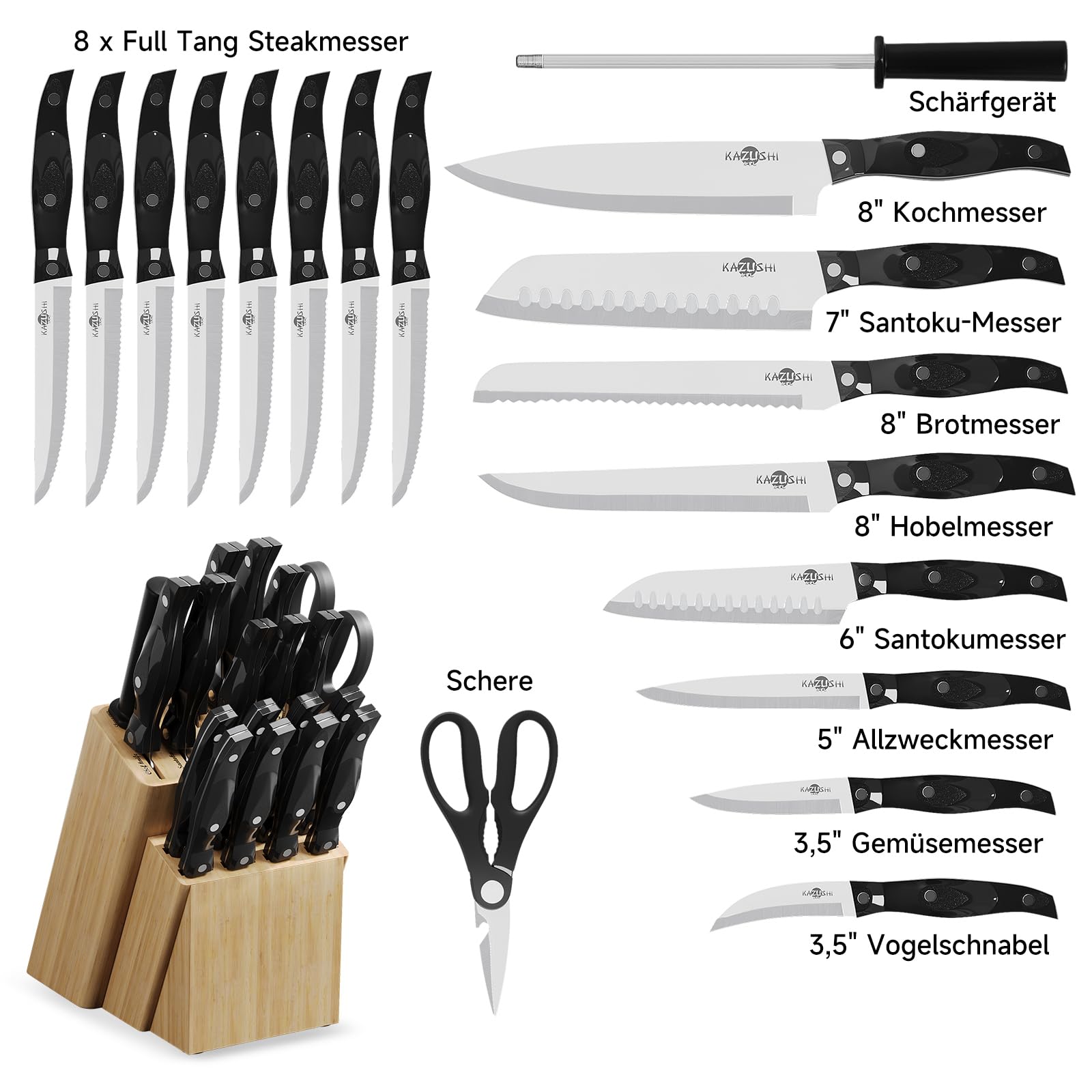 KAZUSHI Messerblock Set 19-teiliges Edelstahl Kochmesser Set mit Holzblock | Profi Küchenmesser set, Küchenset, Geschenke Scharfe