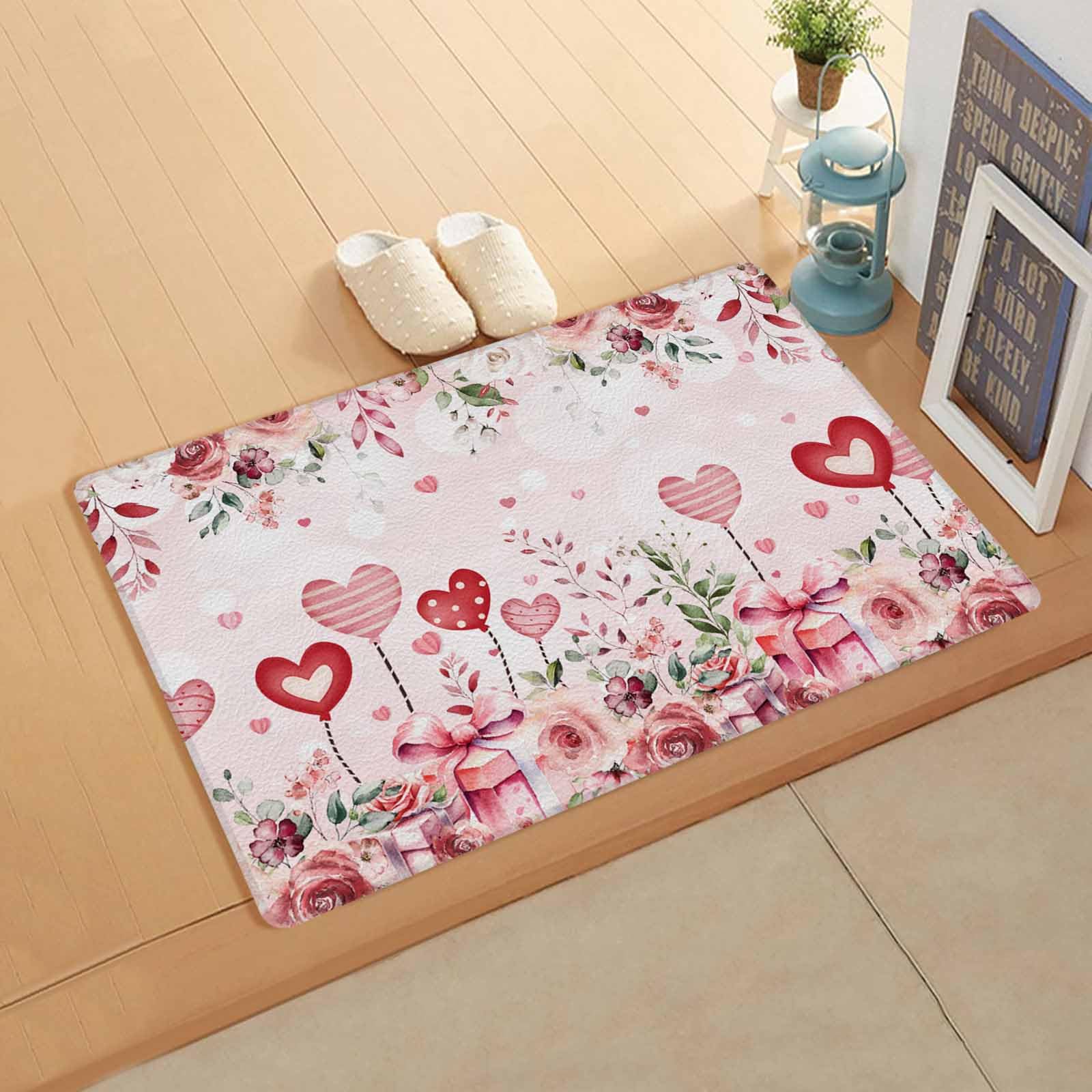 Valentine's Rose Love Kitchen Bath Door Mat Cushioned Runner Rug,Washable Welcome Floor Sink Antifatigue Mat,Waterproof & Non-Slip Comfort Standing Doormat,Spring Botanical Romantic Heart 18