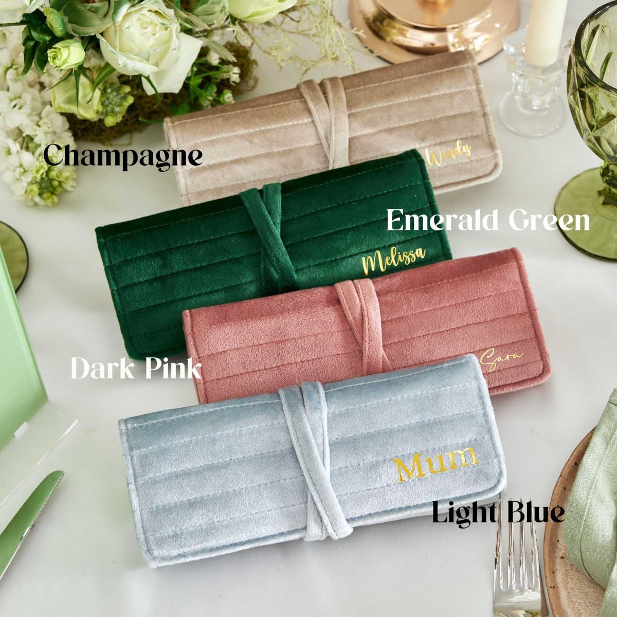 Rouleau de bijoux en velours personnalisé, pochette à bijoux de voyage, accessoire de voyage, porte-bijoux personnalisé (vert)