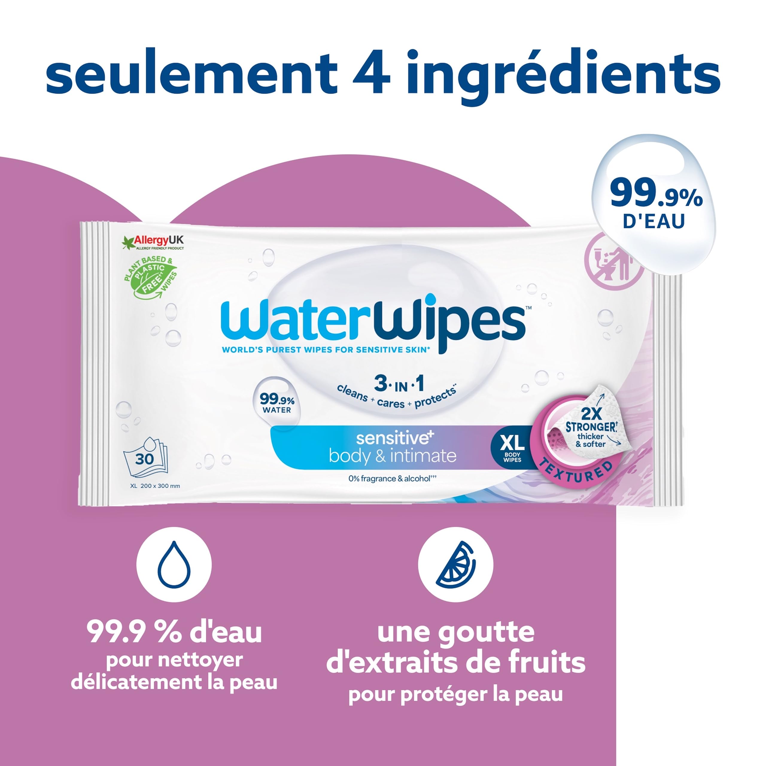 WaterWipes Sensitive+ Body & Intimate Wipes, Hygiène Corporelle et Intime, 90 lingettes (3 paquets), 3-en-1 nettoie, soigne, protège, 99,9% d'eau, lingettes humides non parfumées, Adult Care - 5