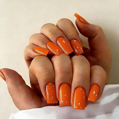 Neon Orange Press On Nails Medium Square, Short Fake Nails