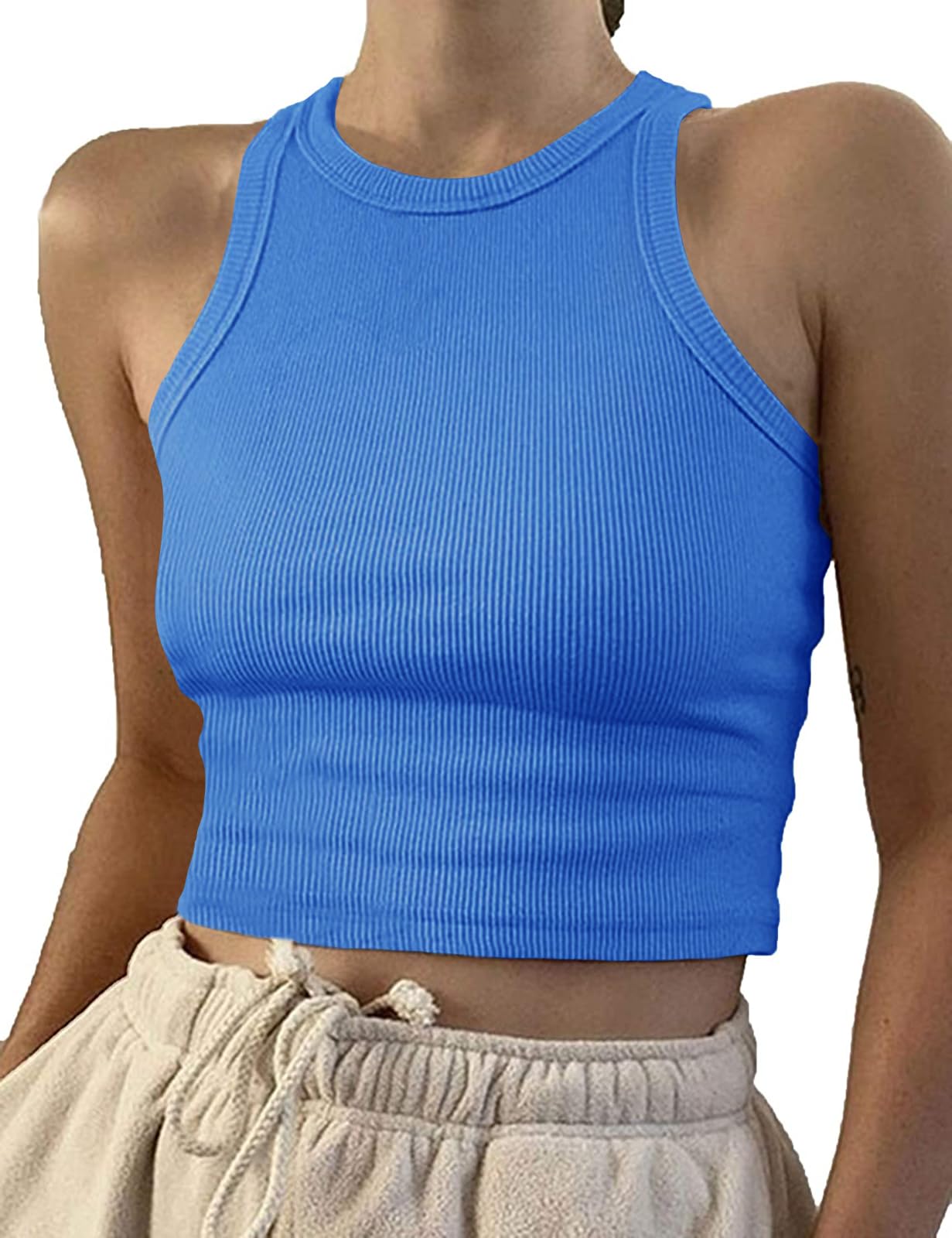 Artfish Women Casual Basic Sleeveless High Neck Rib-Knit Y2k Crop Tank Top