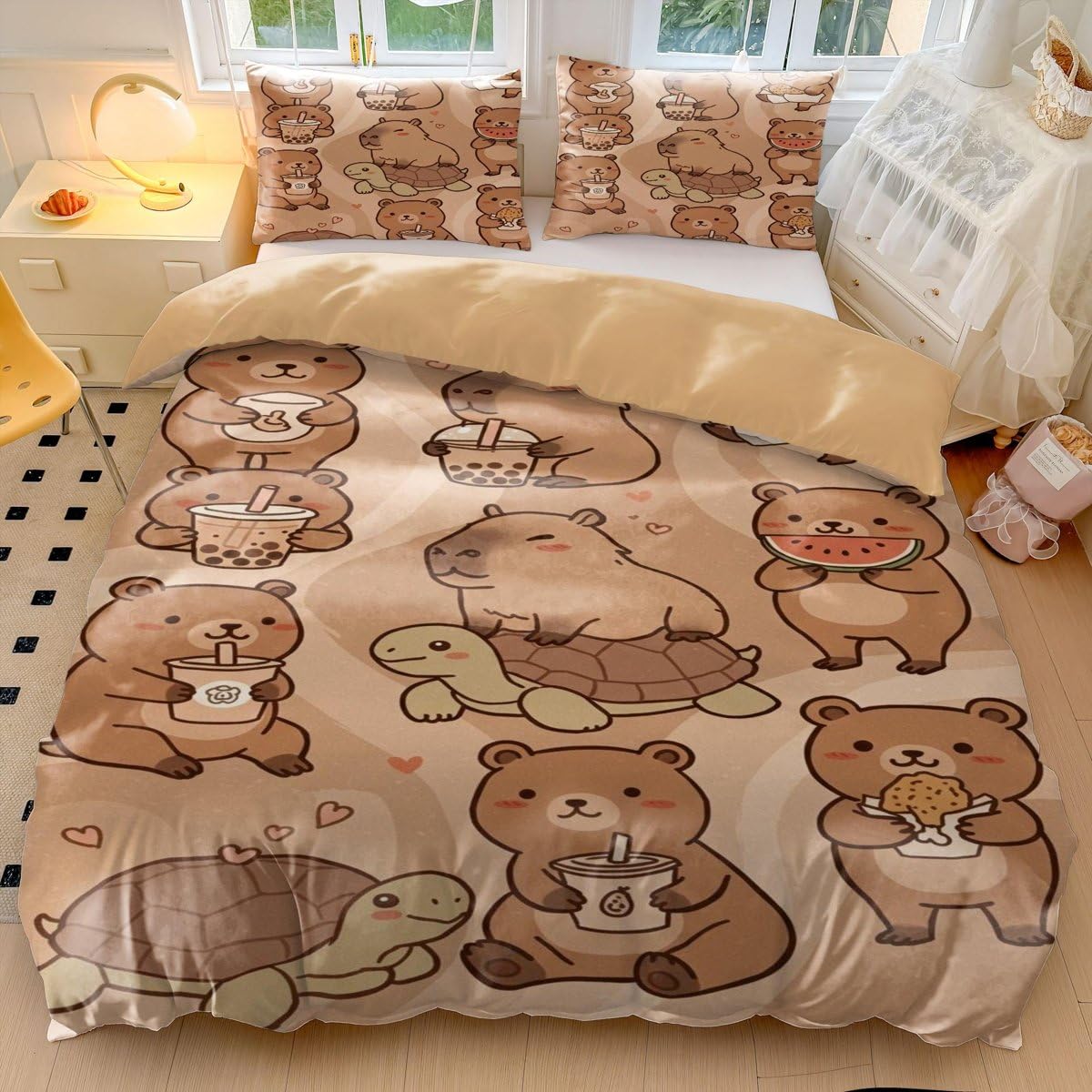 Copripiumino con motivo capibara con stampa di corone e nuvole, in morbida microfibra, per bambini, ragazze e ragazzi, decorazione per camera da letto a tema capibara divertente (stile 1, singolo, 135