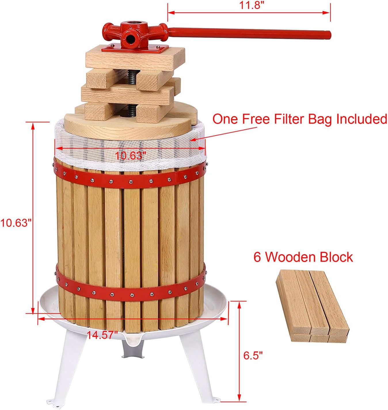 3.2 Gallon / 12L Fruit Wine Press with Solid Oak Basket, Heavy-Duty Manual Juice & Cider Press, 6 Wooden Blocks, Free Filter Bag Included for Apple Grape Fruit Juice & Wine Making,12L