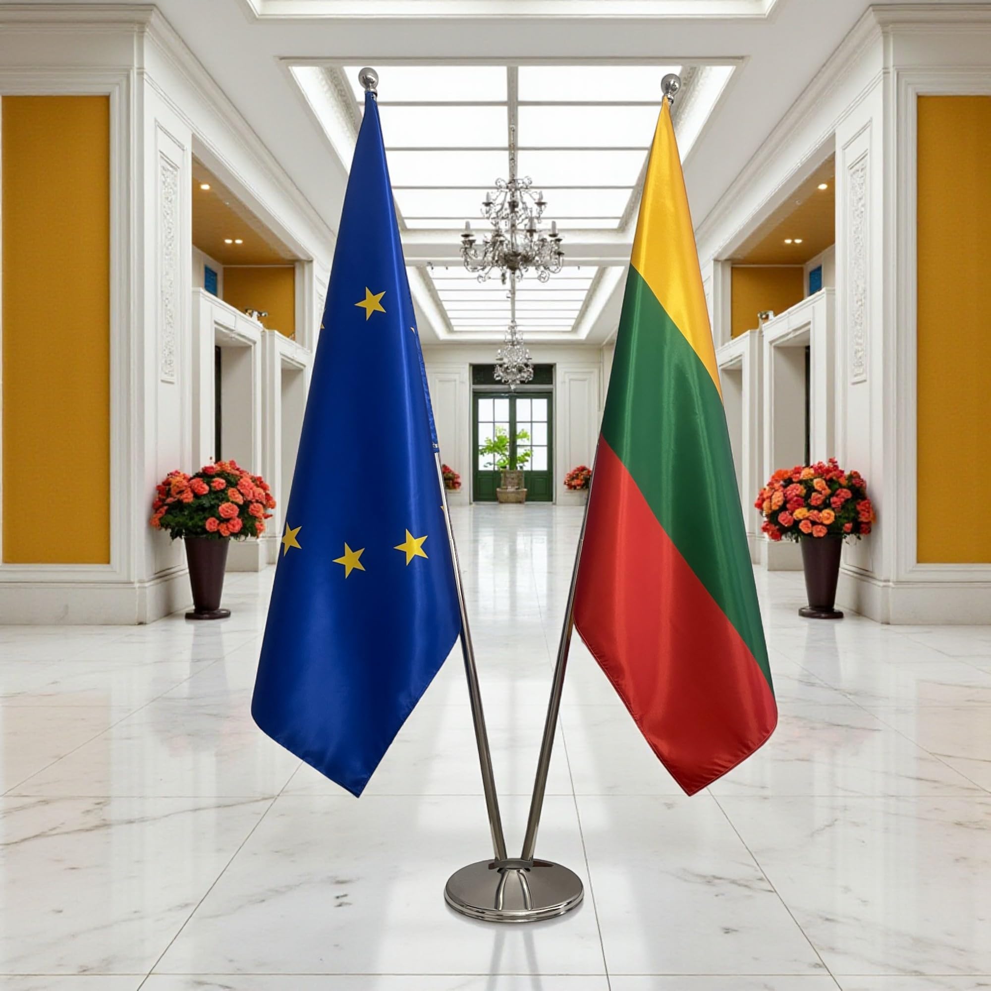 Drapeau Lituanie et Union Européenne avec pied et mâts en acier inoxydable – ensemble protocolaire pour bureau. Pied Ø 360mm, inox finition argentée, hampes pointe ronde. Code CN3-EU-LT