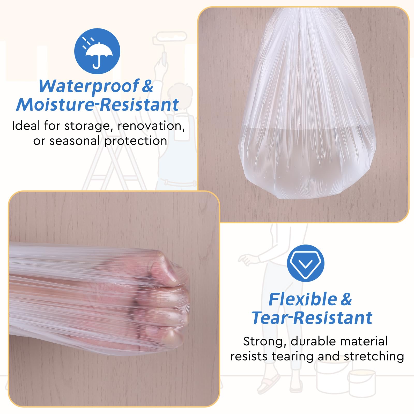 EFUTURETIME 4 rollos de Plástico Cubretodo con Cinta Adhesiva, Plástico Protector Muebles 280 cm x 20 m x 1, 150 cm x 20 m x 1, 55 cm x 20 m x 2 y 1 rollos de Cinta de Pintor 25 mm x 50 m - 5