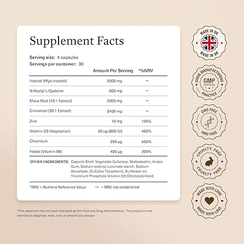 Miniatura 8 de Suplemento de apoyo 8 en 1 PCOS - 2,000 mg de mio-inositol, NAC, raíz de maca, canela, cromo, folato, zinc, vitamina D3  Apoyo para el equilibrio