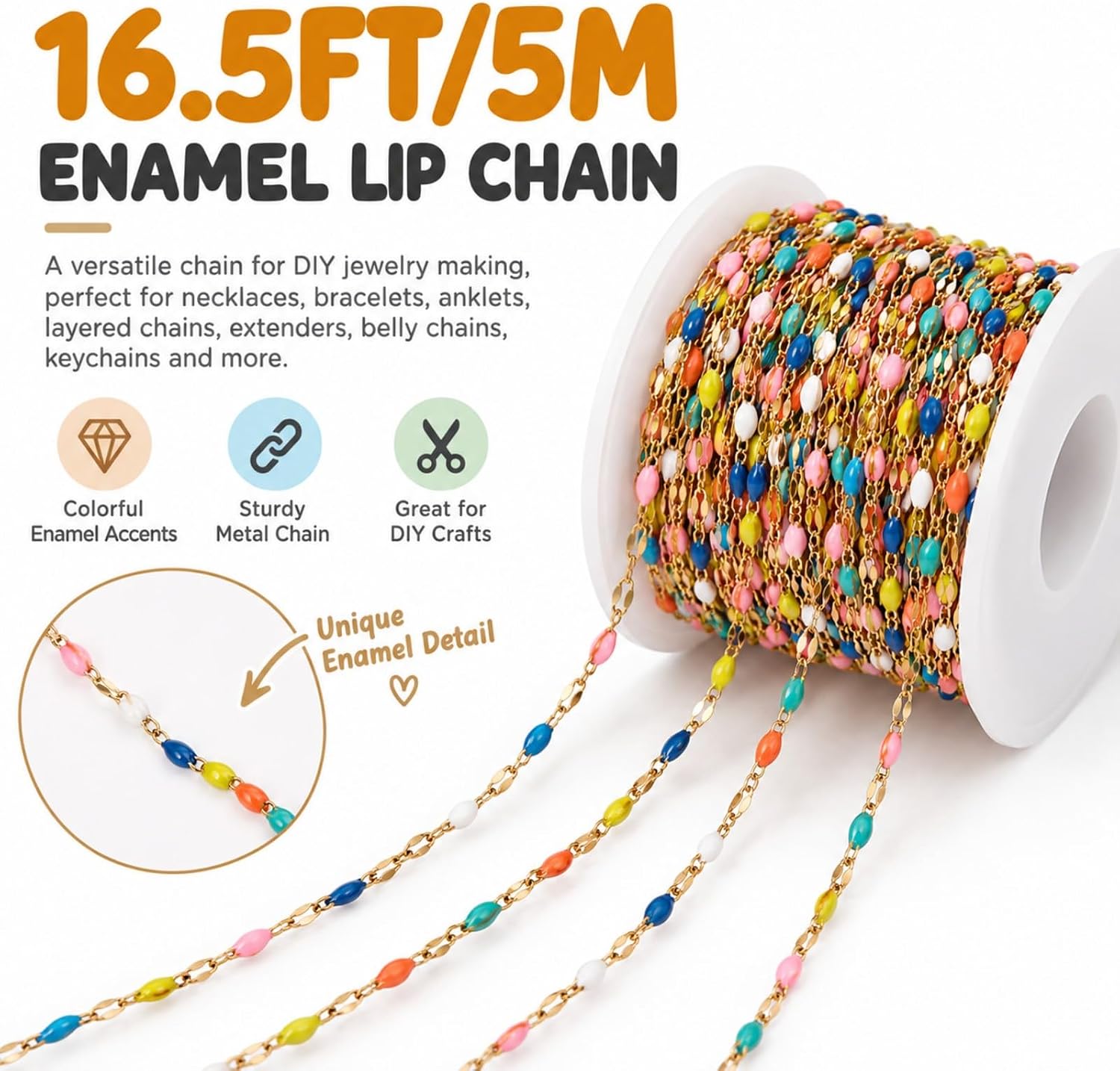 16.4 FT Stainless Steel Enamel Chain 2MM Gold Lip Chain for Jewelry Making，Gold(Colorful)