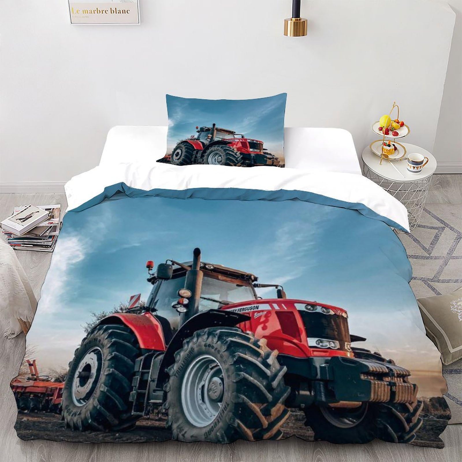 SHEVOVER Red Tractor Bedding Set with Pillowcases 3D Print Large Farm Vehicle Soft Microfiber Quilt Cover Set 2 Piece with Zipper Closure, for Kids Teenagers Adult Single（135x200cm）