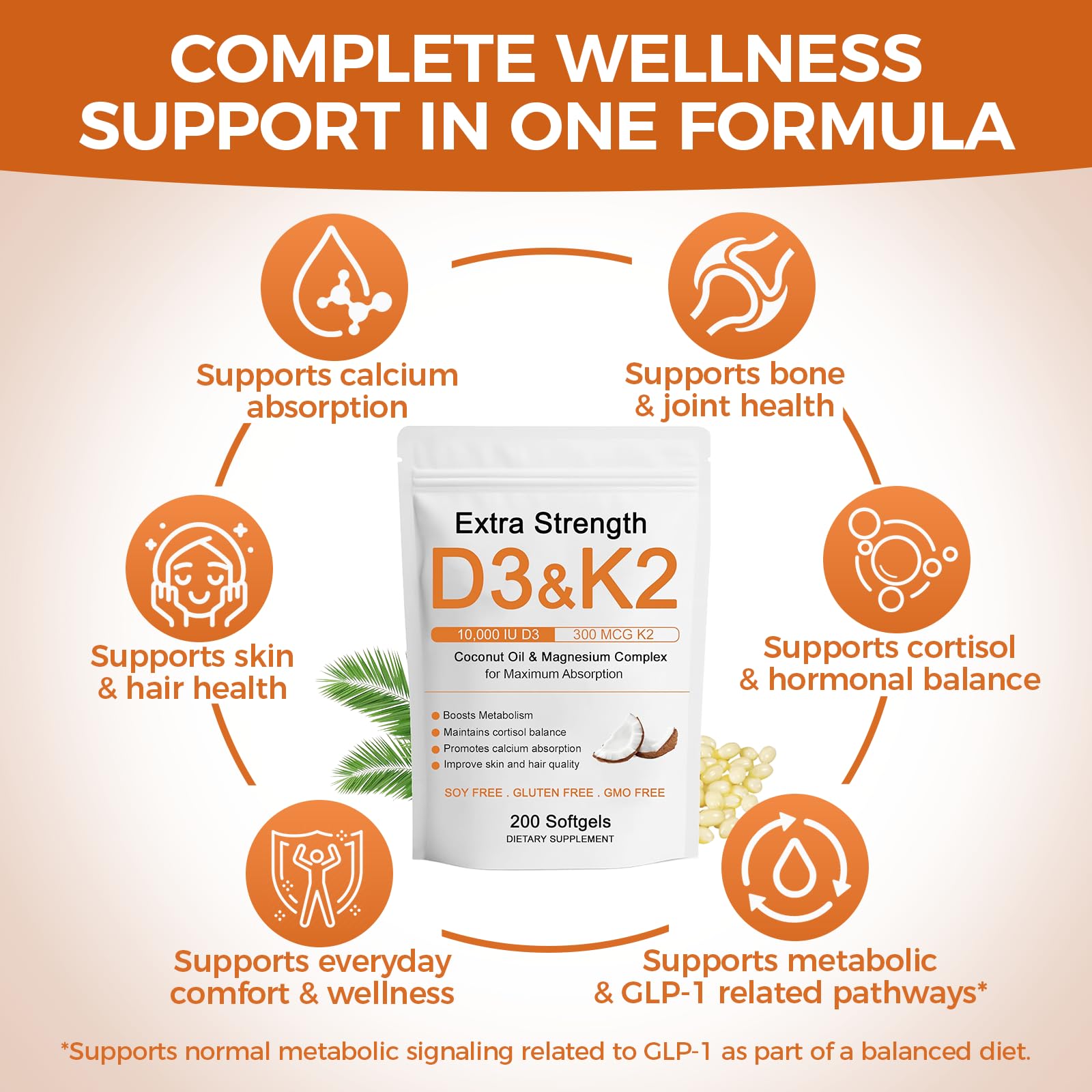 D3 K2 Vitamin 10000 IU, Extra Strength Wellness D3K2 with Triple Magnesium & Coconut Oil for Maximum Absorption, Support Bone & Immune Health, Non-GMO,Easy to Swallow, 200 Softgels — Amazon image 3