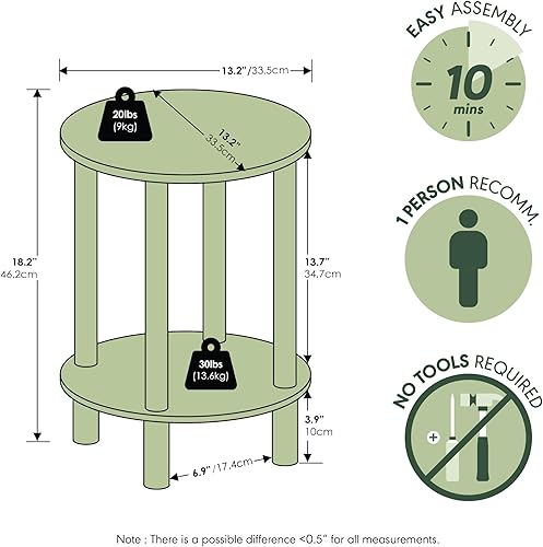 Miniatura 3 de Furinno Turn-N-Tube Mesa Lateral, Mesa Terminal Redonda de 2 Niveles, Mesa de Noche de Ensamblaje sin Herramientas, Mesa de Noche con Estante