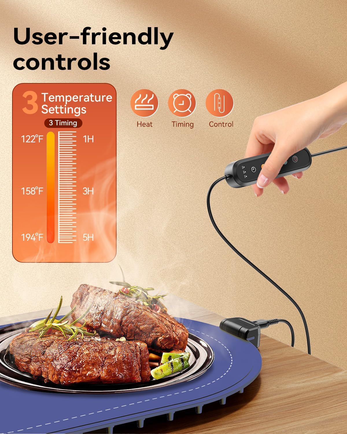 Food Warming Mat for Table & Buffet, Fast Heating Serving Tray with Adjustable Temperature & Timer, Foldable Silicone Heating Mat for Family Meals, Parties & Holiday Hosting - Image 3