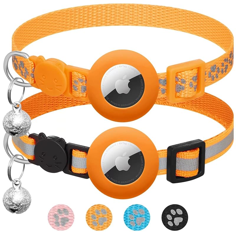 Coleira para gatos com suporte para Apple AirTag, guizo, refletiva e fecho breakaway LAFAYI, Orange, Pacote com 2