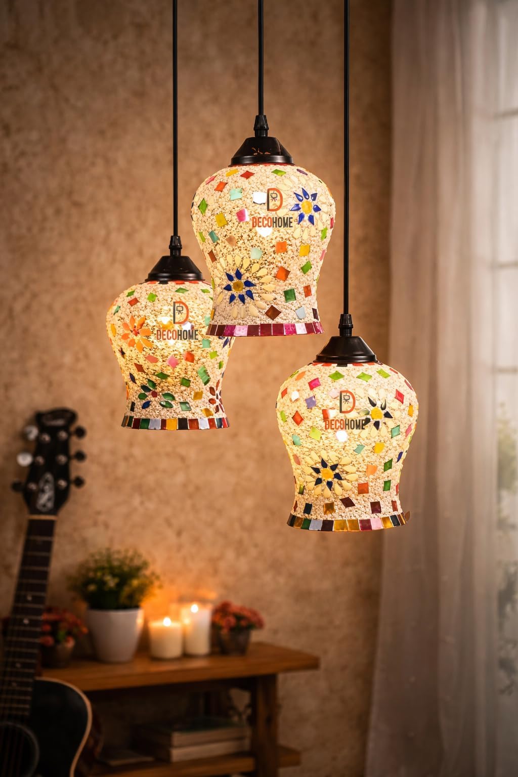 DECOHOME Light Hanging Mosaic 3L Ceiling Lamp for Bedroom/Living Room/Restaurants/Indoor and Outdoor Ceiling lamp (Multi Color) (Bulb NOT Include)(Electric)
