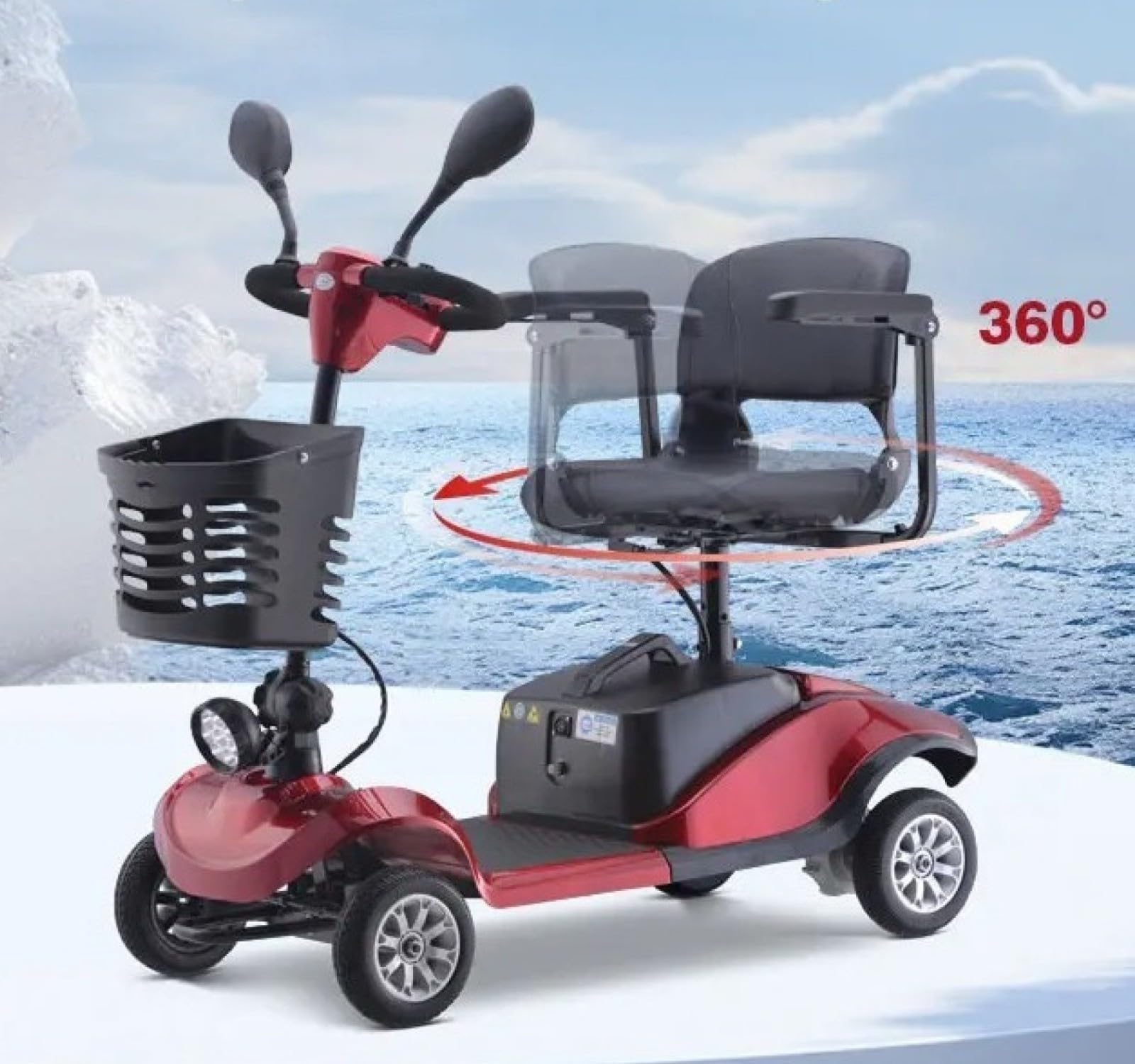 Scooter de movilidad eléctrico de 4 ruedas para personas mayores y adultos, compacto para viajes, con faro LED y cesta desmontable