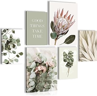 Novart Wall Picture Set Green Leaves Boho Beige - No Extra Frame Required - Modern Decoration - Living Room Bedroom N023063a