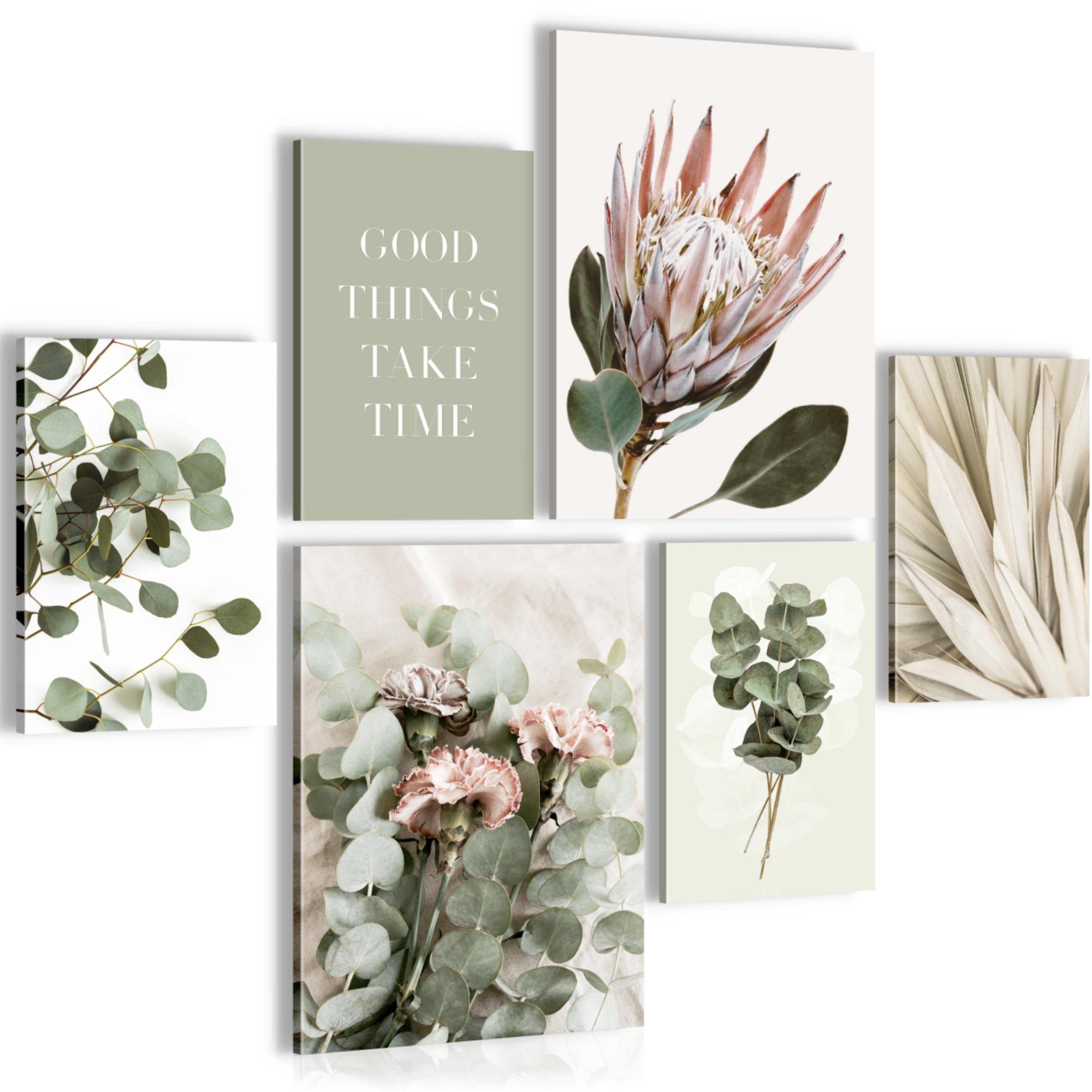 Novart Set de Decoración de Pared con Cuadros Hojas Verdes Boho Moderno Estilo Beige Cuadro - LISTO PARA COLGAR - No Necesita Marco - Dormitorio Salón Cocina - N023063a