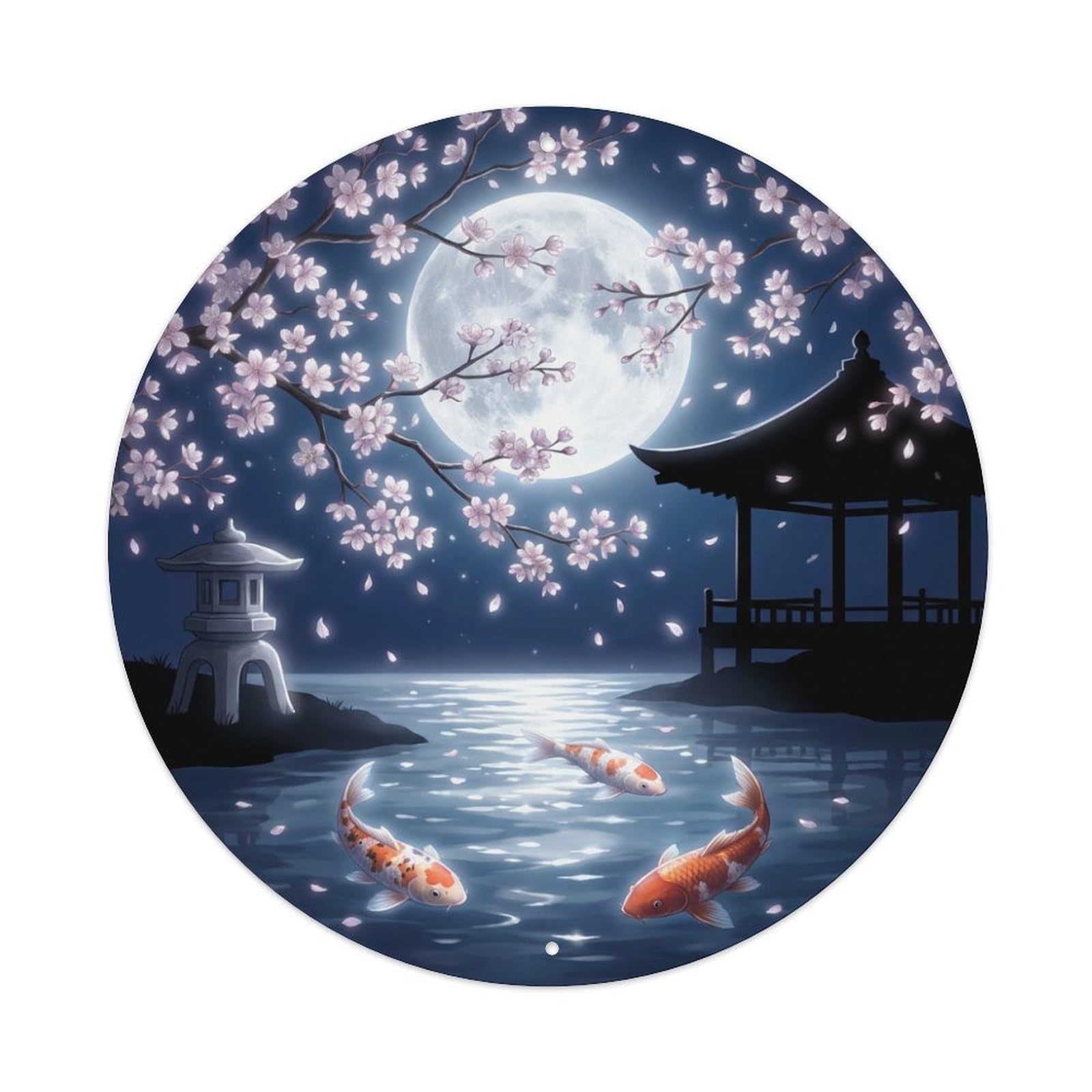 Tgrcjimh Style Metal Tin Sign Japanese Koi Fish Cherry Moonlight Silver Petals